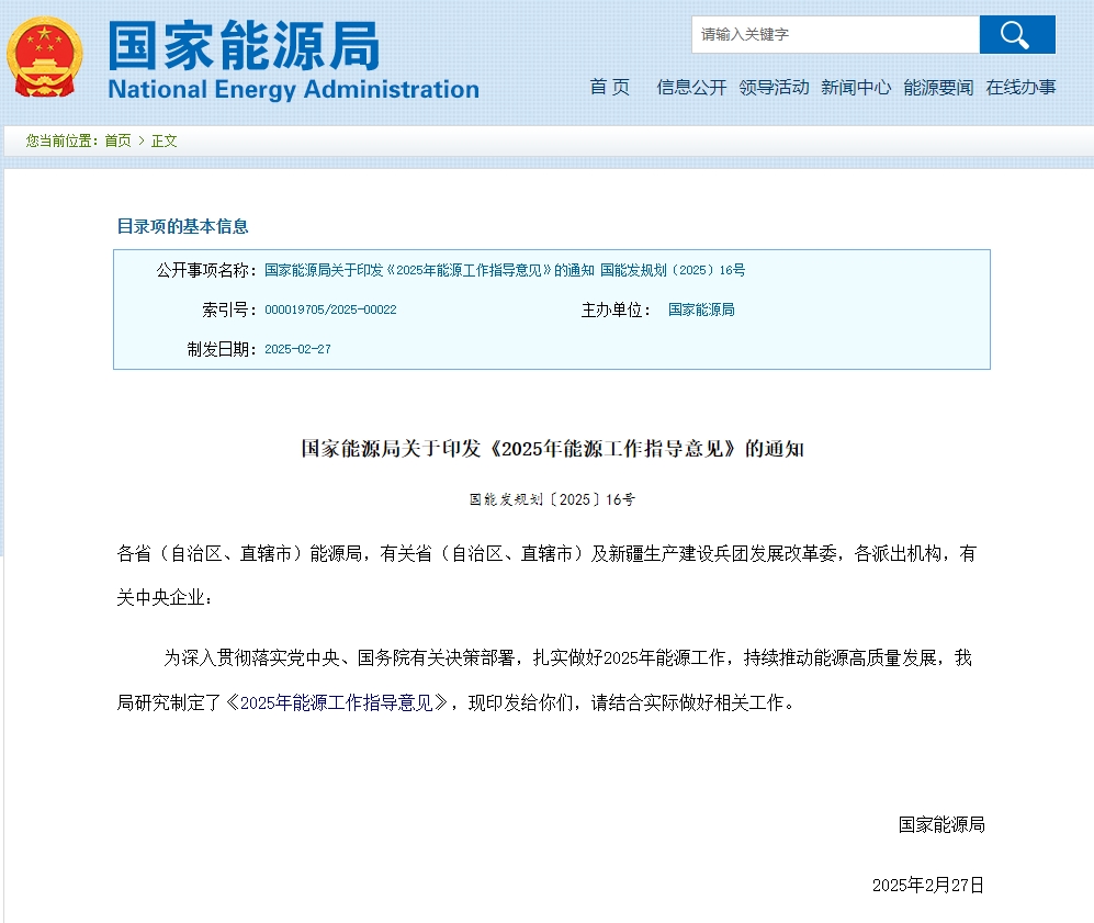 21项年度重点任务 国家能源局印发《2025年能源工作指导意见》