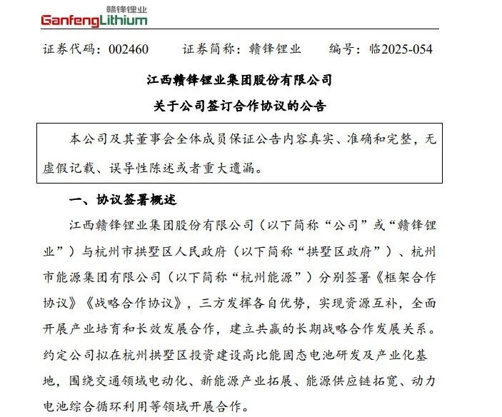 赣锋锂业携手国资，建设固态电池项目！